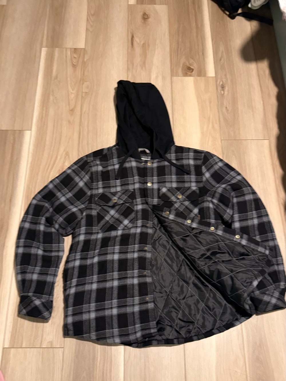 Women’s Black & Gray Plaid Hooded Shirt Jacket